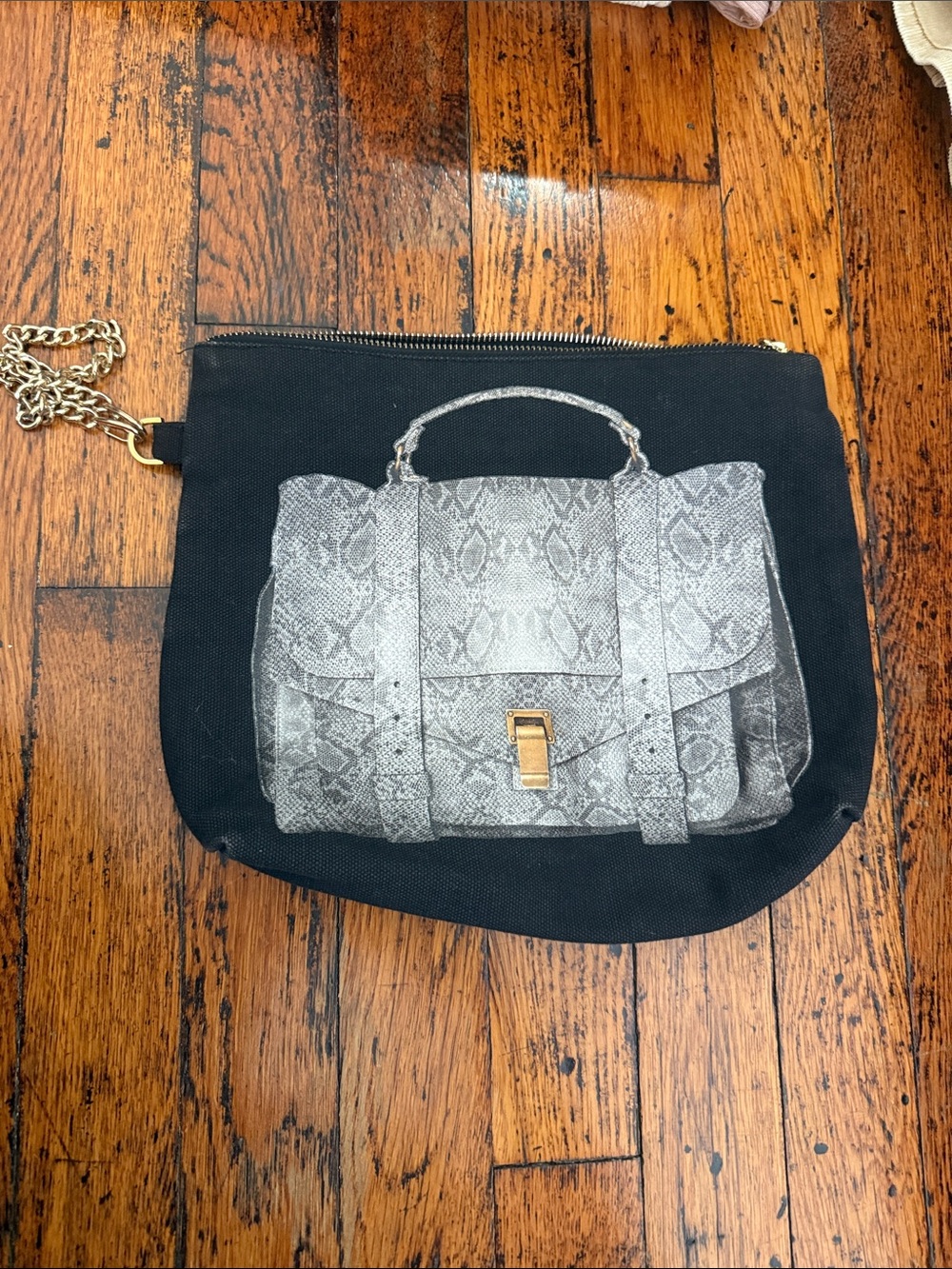 Black Canvas Wristlet with Gray Snake-Print Satchel Graphic
